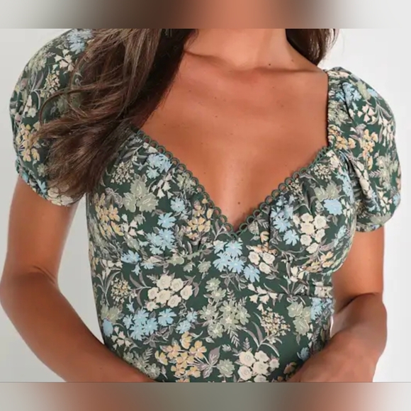 Lulus Meadow Muse XXL Green Floral Tie-Back Puff Sleeve Midi Dress, Size XXL - Picture 3 of 12